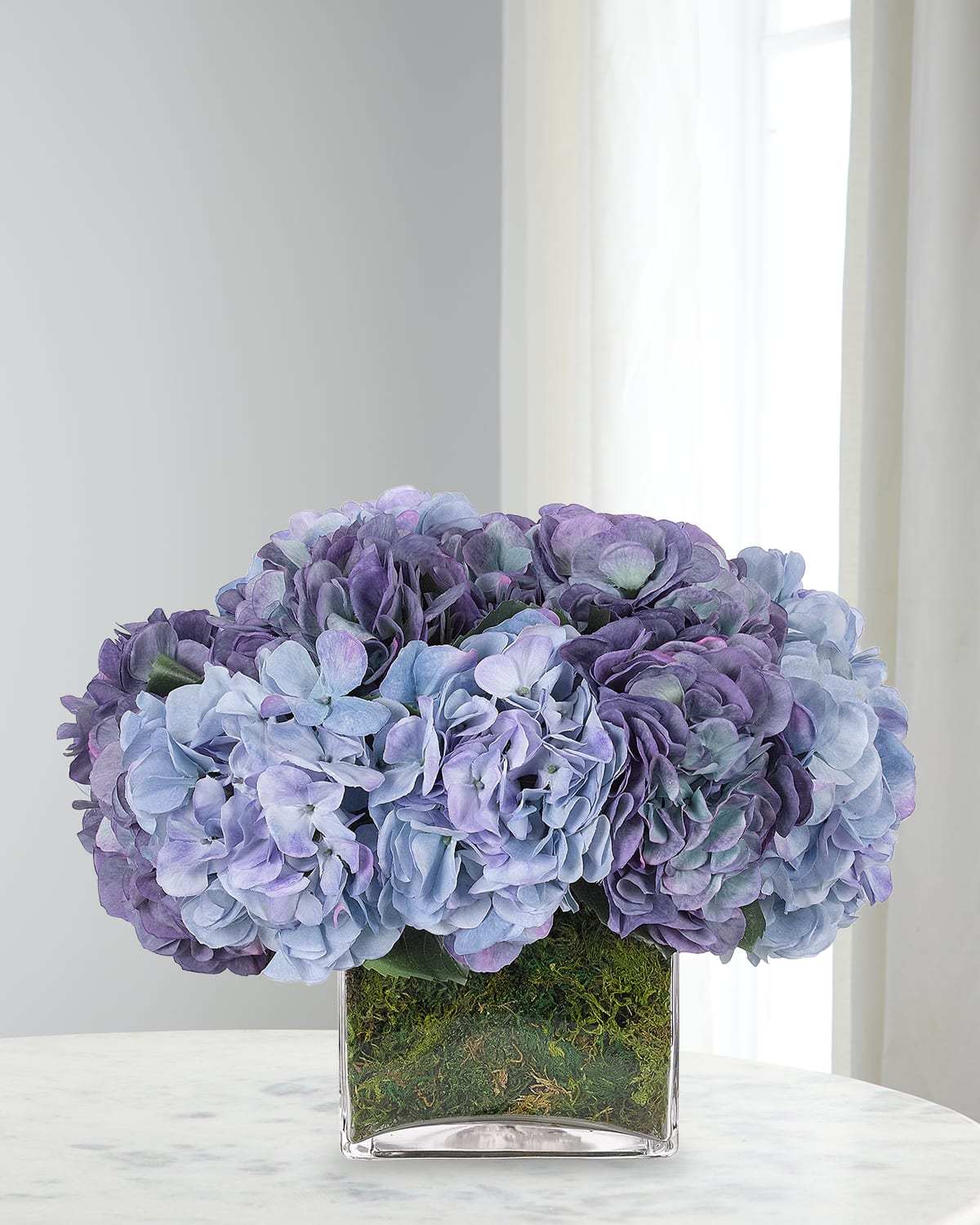 Ndi Hydrangeas 14" Faux Floral Arrangement In Moss Garden Glass Cube In Blue
