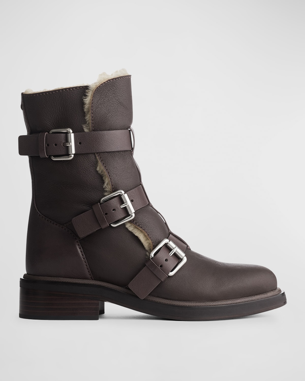 RAG & BONE RB LEATHER SHEARLING BUCKLE MOTO BOOTS