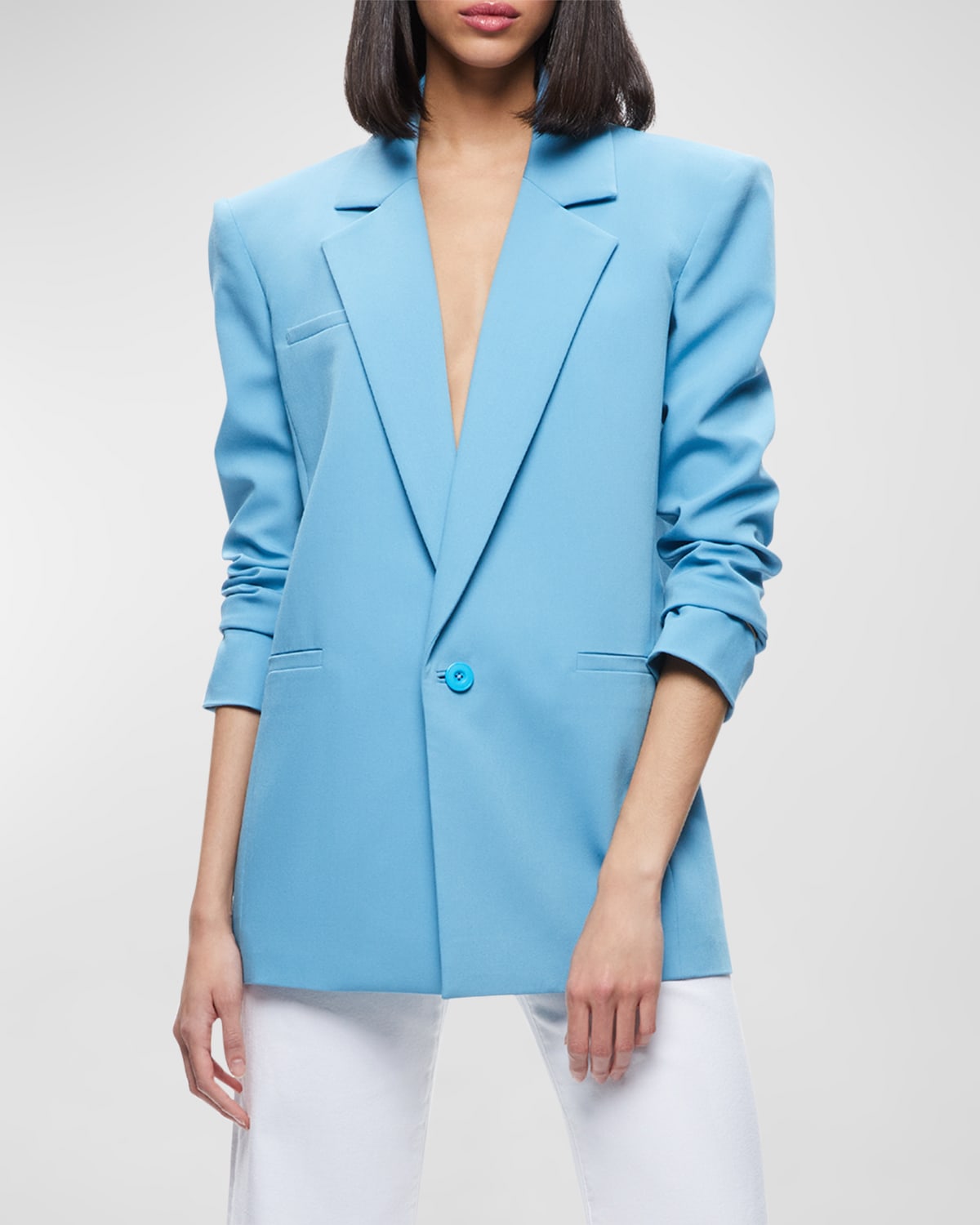 Alice And Olivia Shan Strong-shoulder Ruched-sleeve Blazer In Oxford Blue
