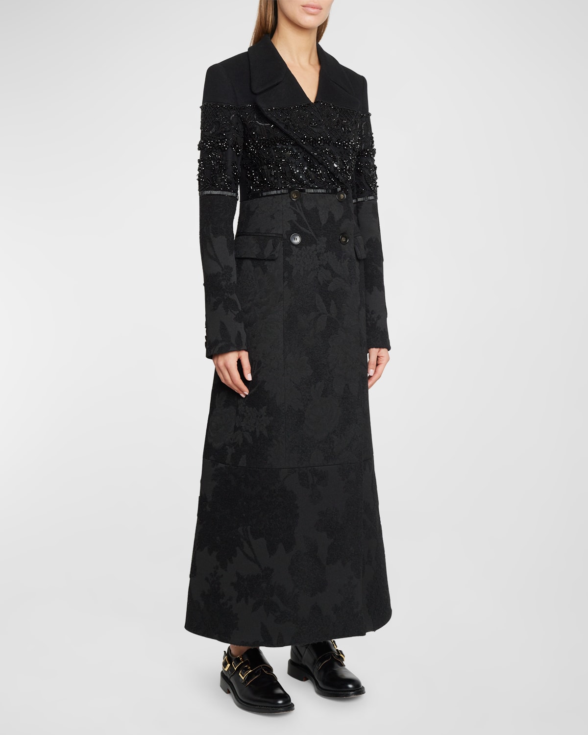 Floral Jacquard Embellished Long Double-Breasted Coat