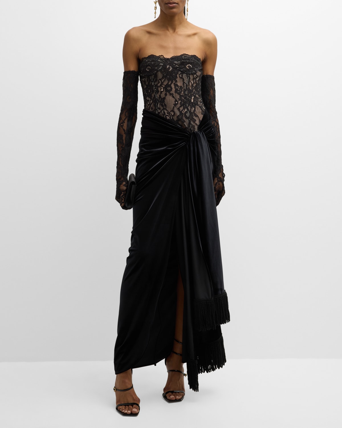 Gina Draped Strapless Lace & Velvet Gown