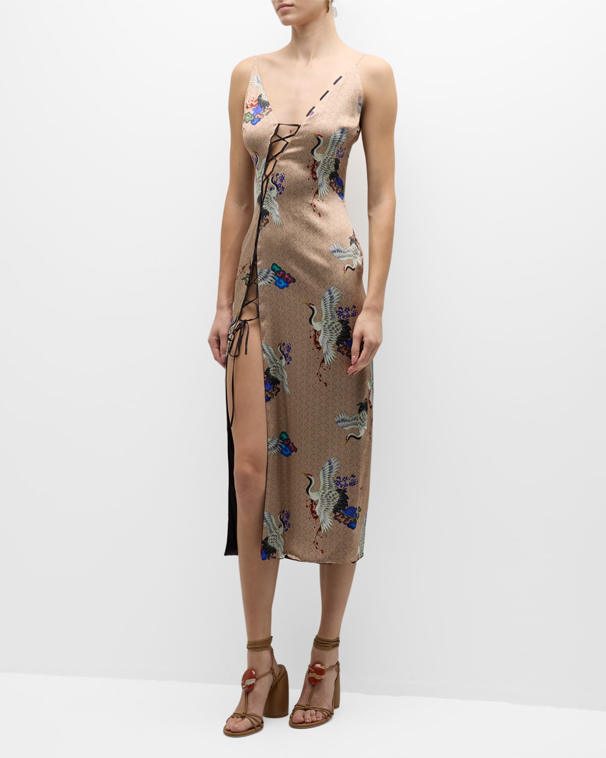 Adriana Iglesias Crawford Lace-up Slit-hem Midi Dress In Birds Gold