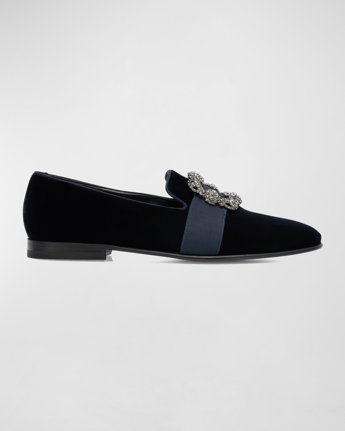 Manolo Blahnik Carlton Crystal-embellished Grosgrain-trimmed Velvet Loafers In Dblu4012