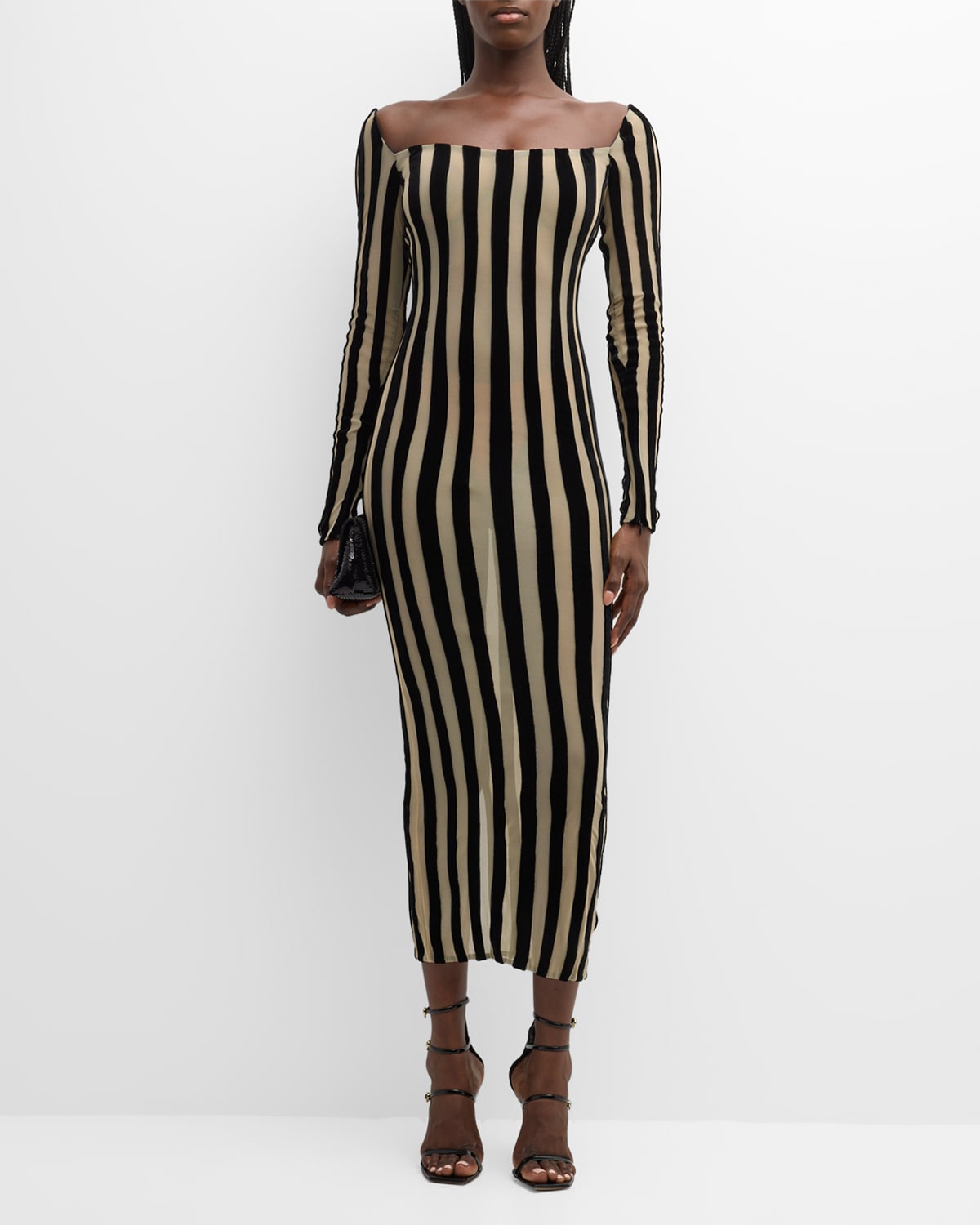 Shop Laquan Smith Sheer Striped Midi Dress In Nude Black