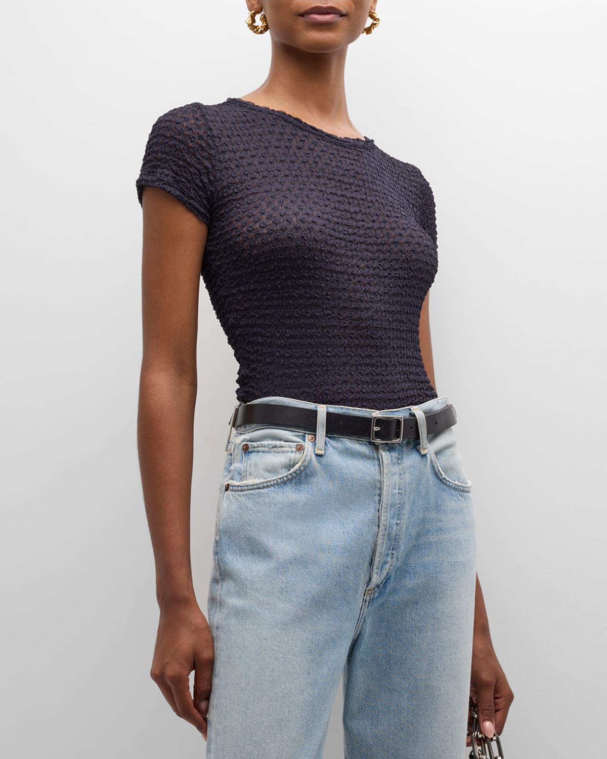 Frame Mesh-lace Crewneck Baby Tee In Blue