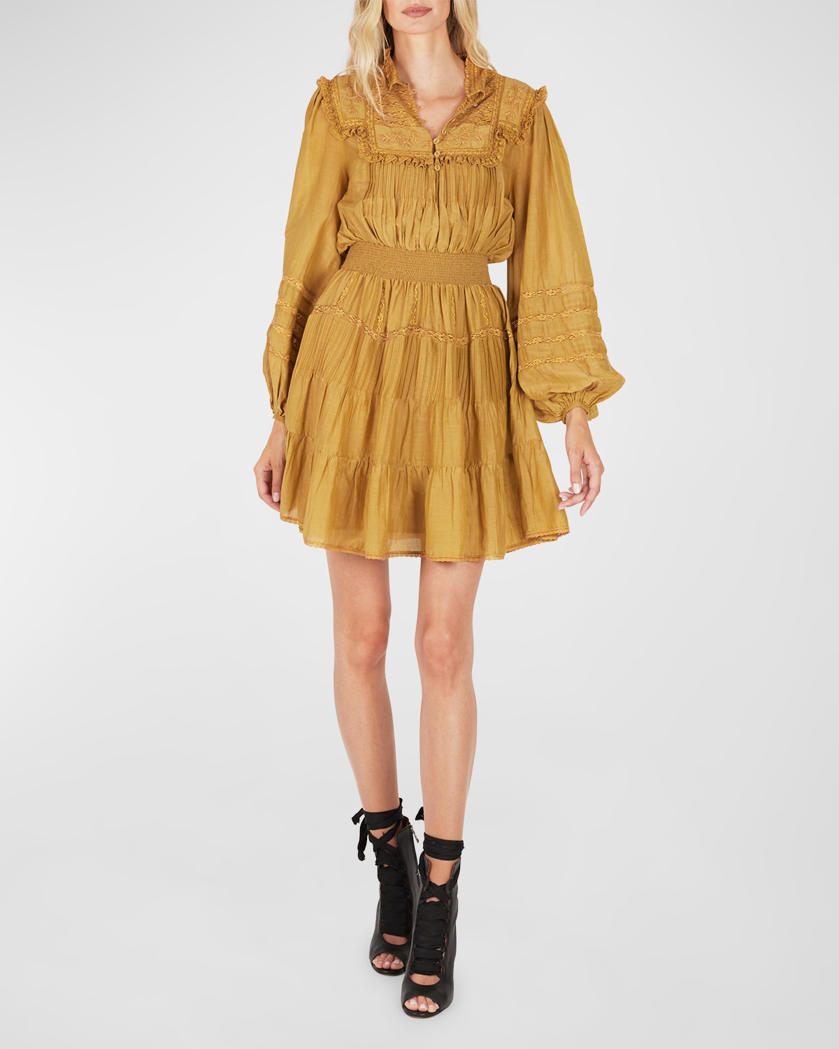 Secret Mission Alicia Victorian Billow Mini Dress In Gold