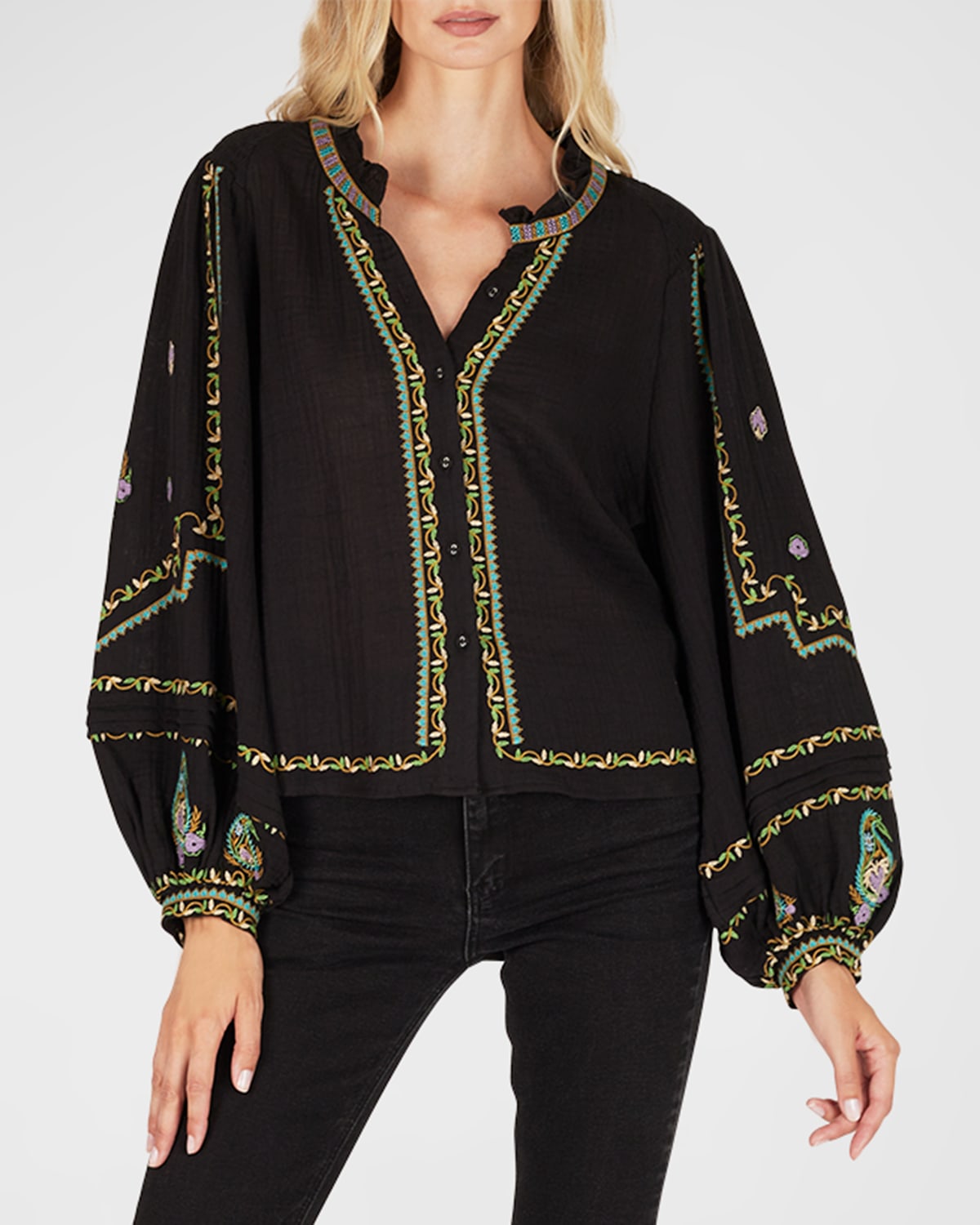 Secret Mission Felicia Balloon-sleeve Embroidered Blouse In Black