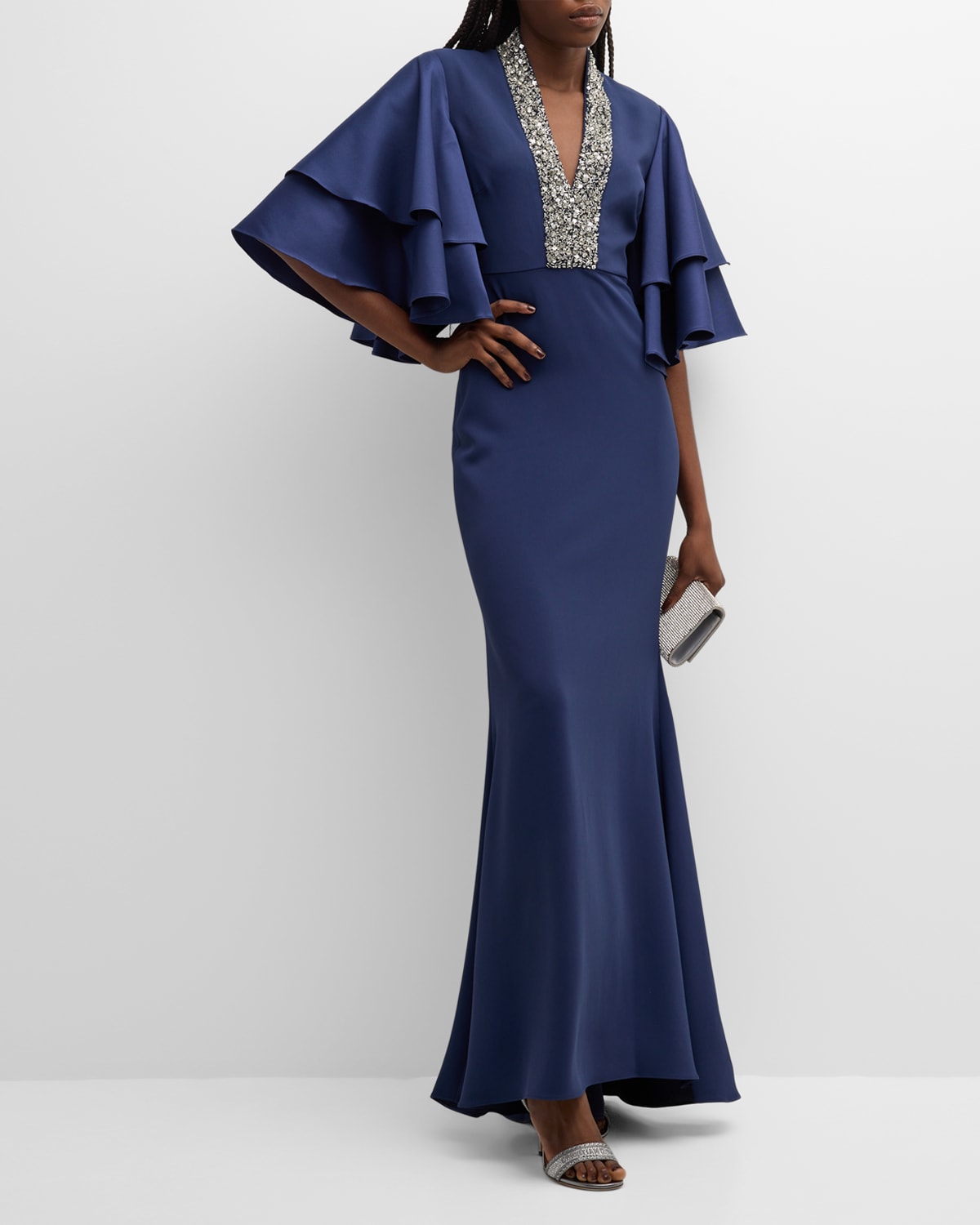 Jewel-Embellished Tiered-Sleeve Gown