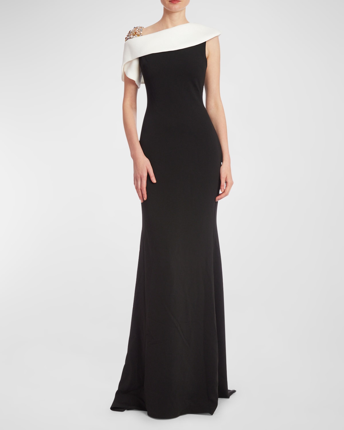 Badgley Mischka Asymmetric Rhinestone-embellished Gown In Black White