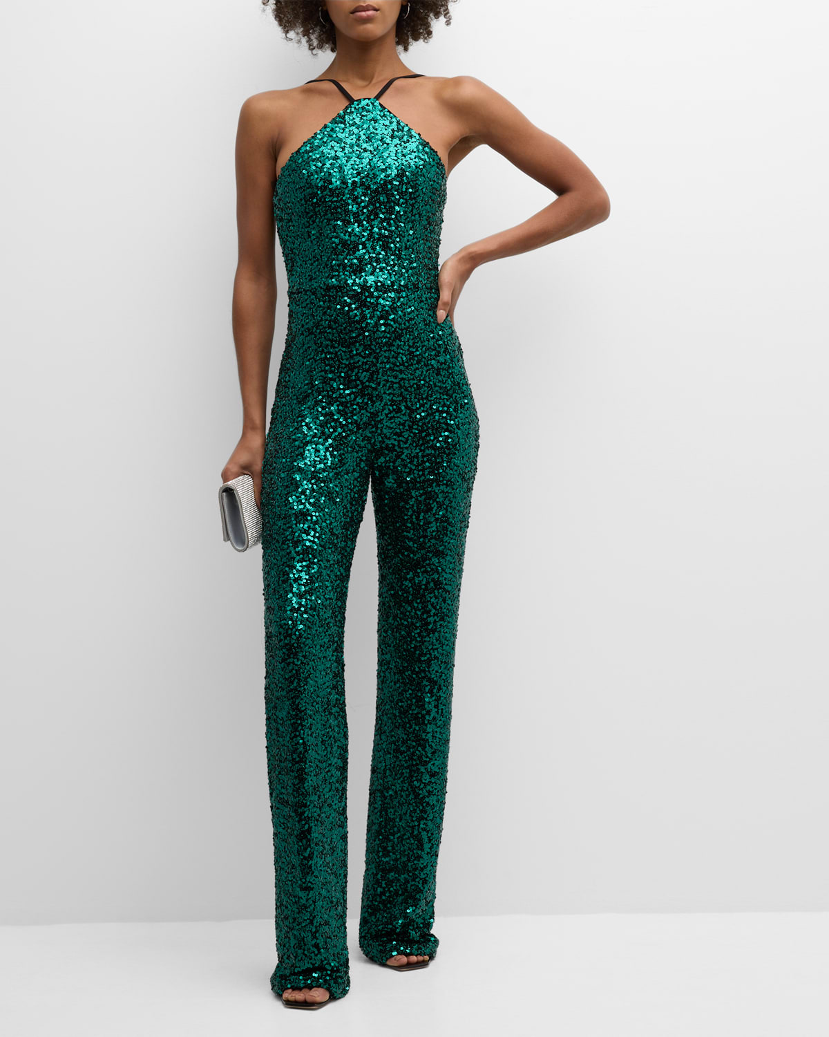 Dress The Population Black Label Darian Sequin Halter Jumpsuit In Deep Emerald