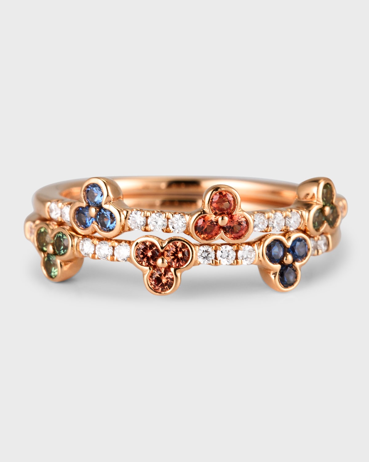 Rainbow 18K Rose Gold Sapphire & Diamond Flower Band Ring, Size 6