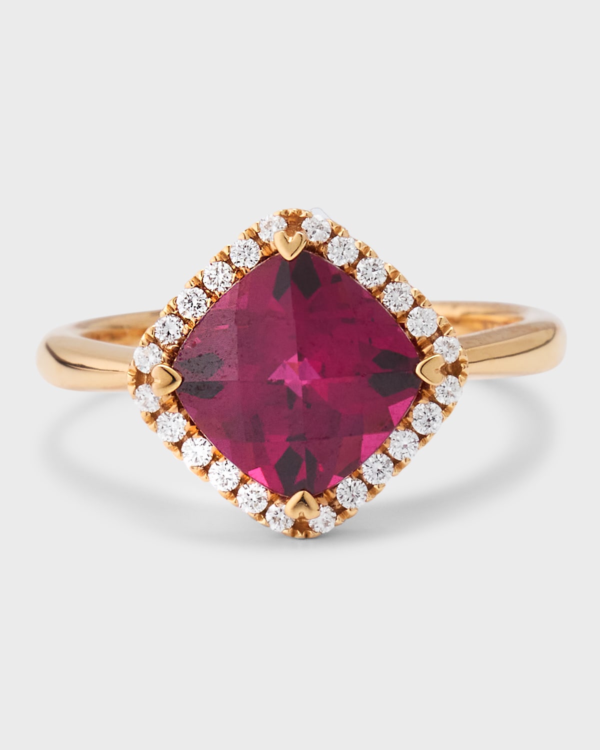 Rocks 18K Rose Gold Petite Cushion Cut Rhodlt Garnet and Diamond Halo Cocktail Ring, Size 6
