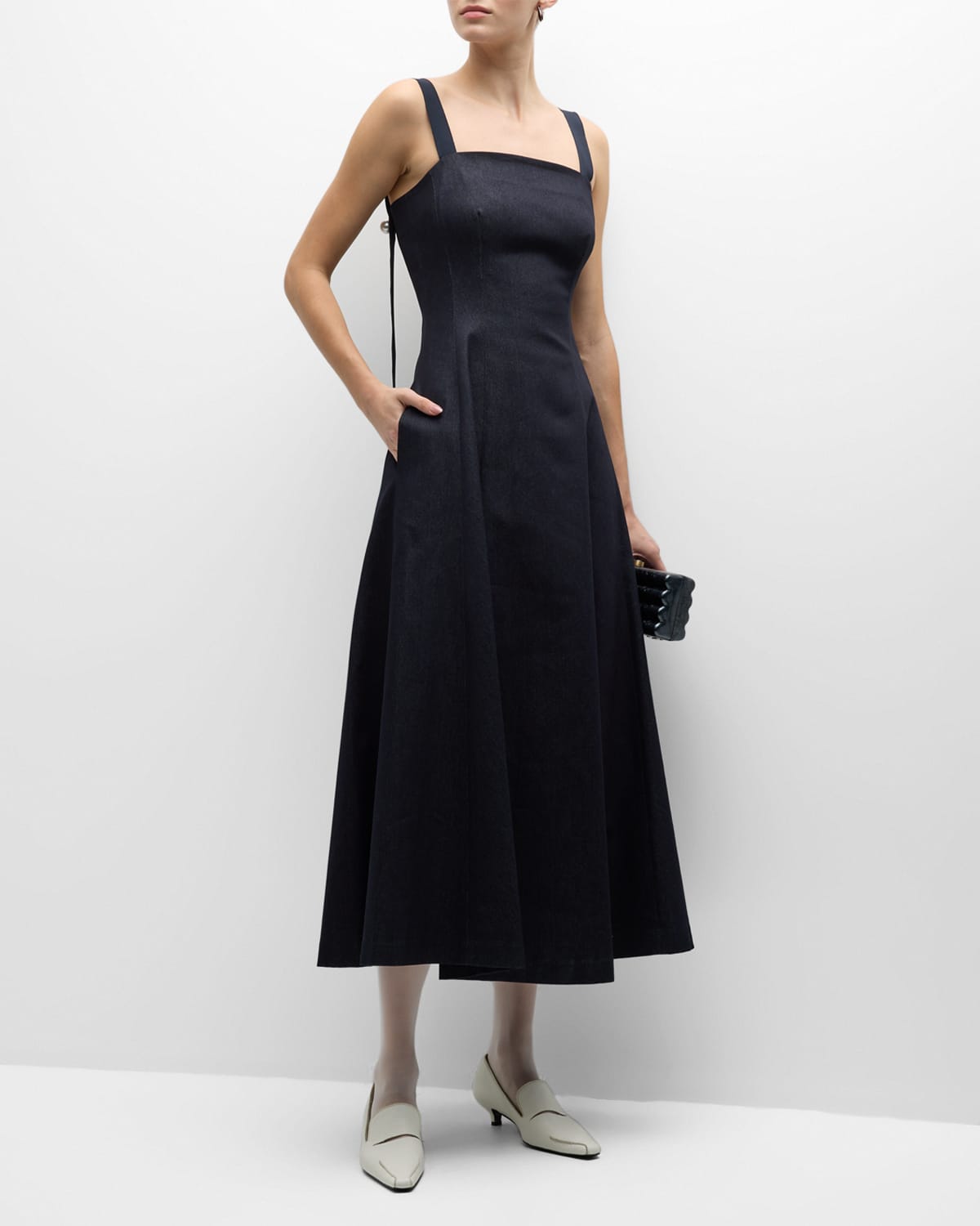 Adam Lippes Giovanna Faux Pearl-embellished Denim Maxi Dress In Indigo |  ModeSens