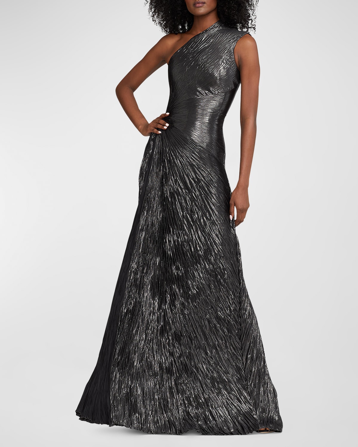 Polo Ralph Lauren Hadlea One-shoulder Plisse Metallic-silk Gown In Grey