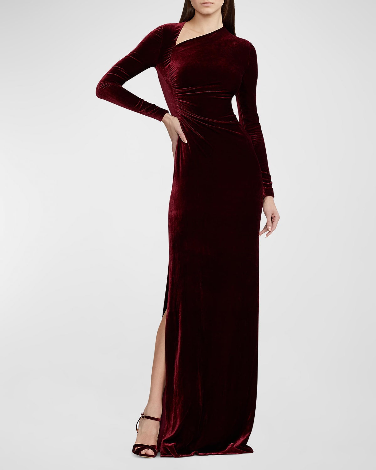 Shop Ralph Lauren Kinslee Ruched Long-sleeve Velvet Gown In Red