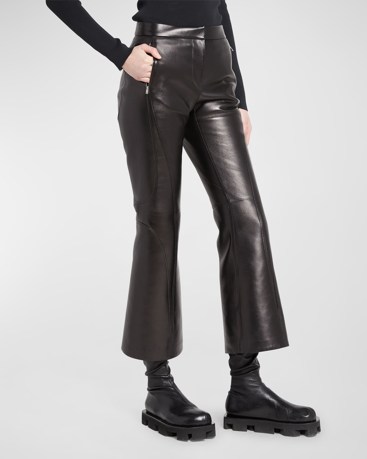 Jil Sander Flared Leather Trousers With Zip Pockets In Black