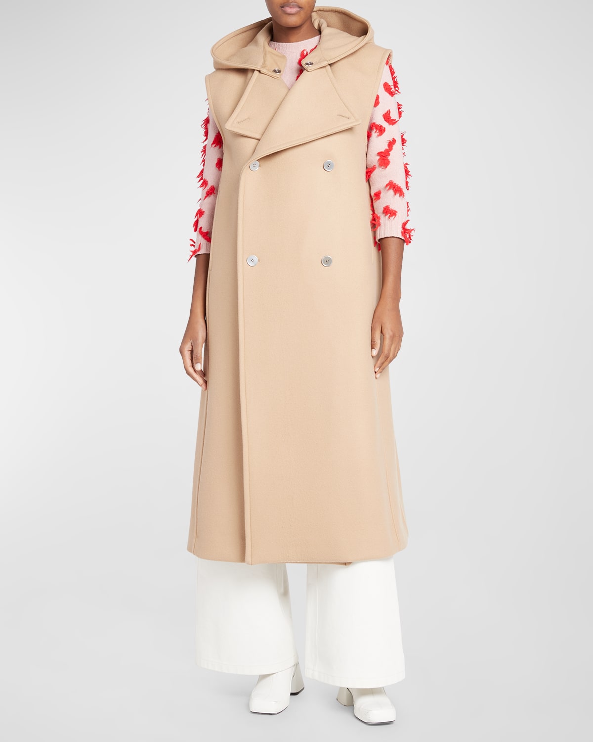 Removable-Hood Sleeveless Double-Breasted Long Coat