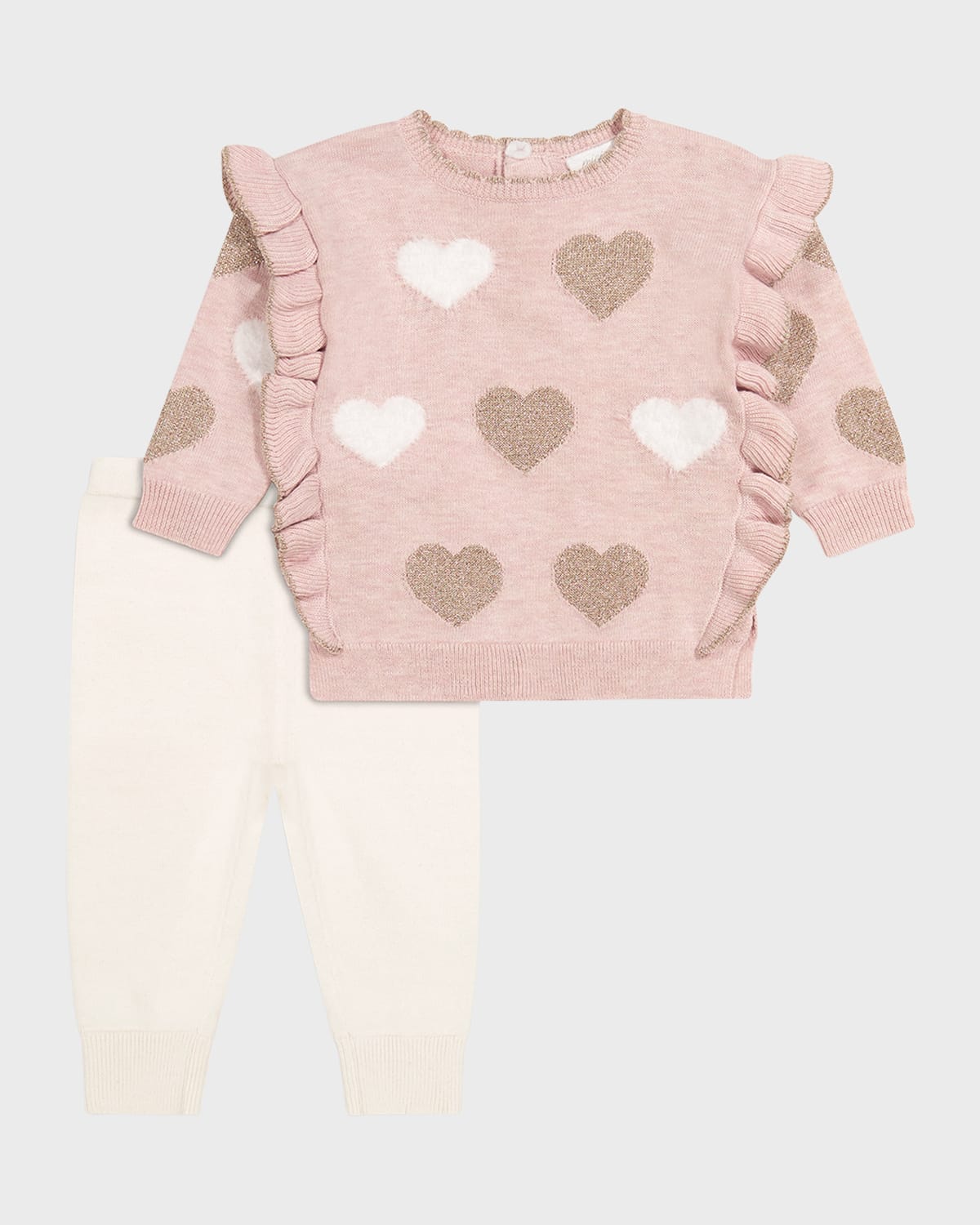Miniclasix Kids' Girl's Heart-print Ruffle Trim Sweater In Pink