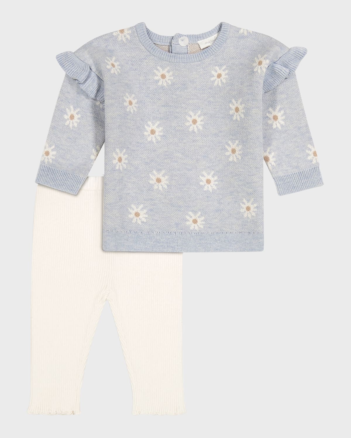 Miniclasix Kids' Girl's Flower-print Ruffle Trim Sweater In Blue