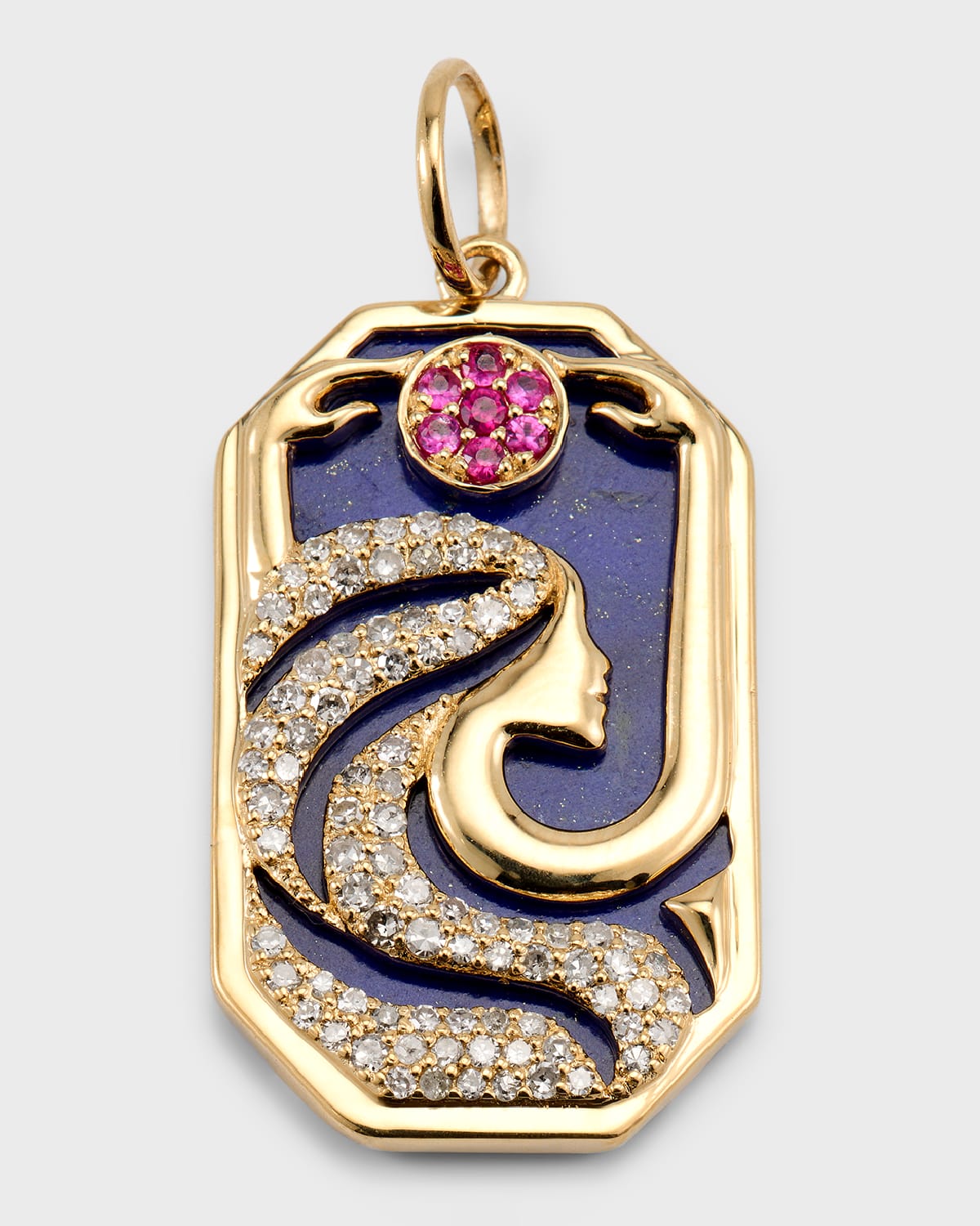 14K Yellow Gold Moon Goddess Pendant with Lapis, Diamonds and Rubies