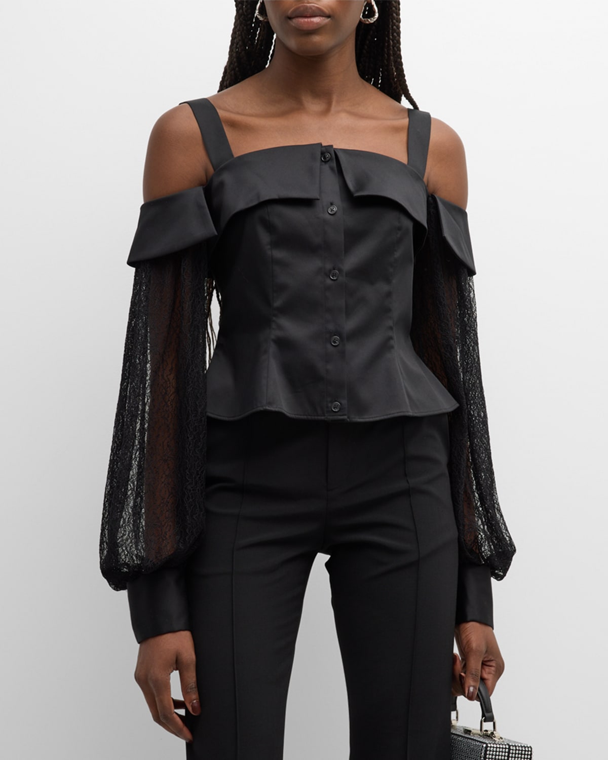 Adeam Beth Lace Long-sleeve Cold-shoulder Button-front Top In Black