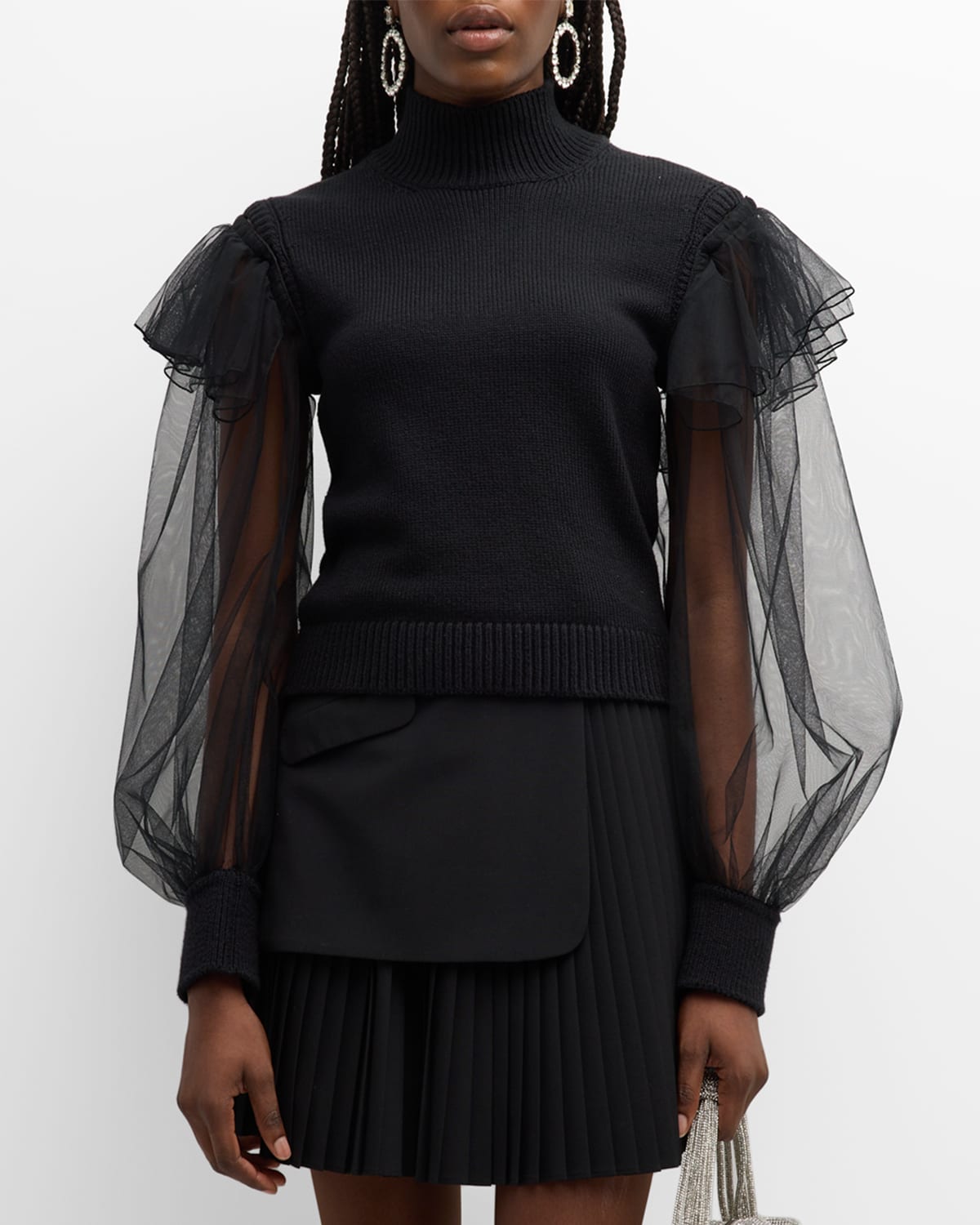 Adeam Layla Tulle Long-sleeve Ruffle Turtleneck Sweater In Black