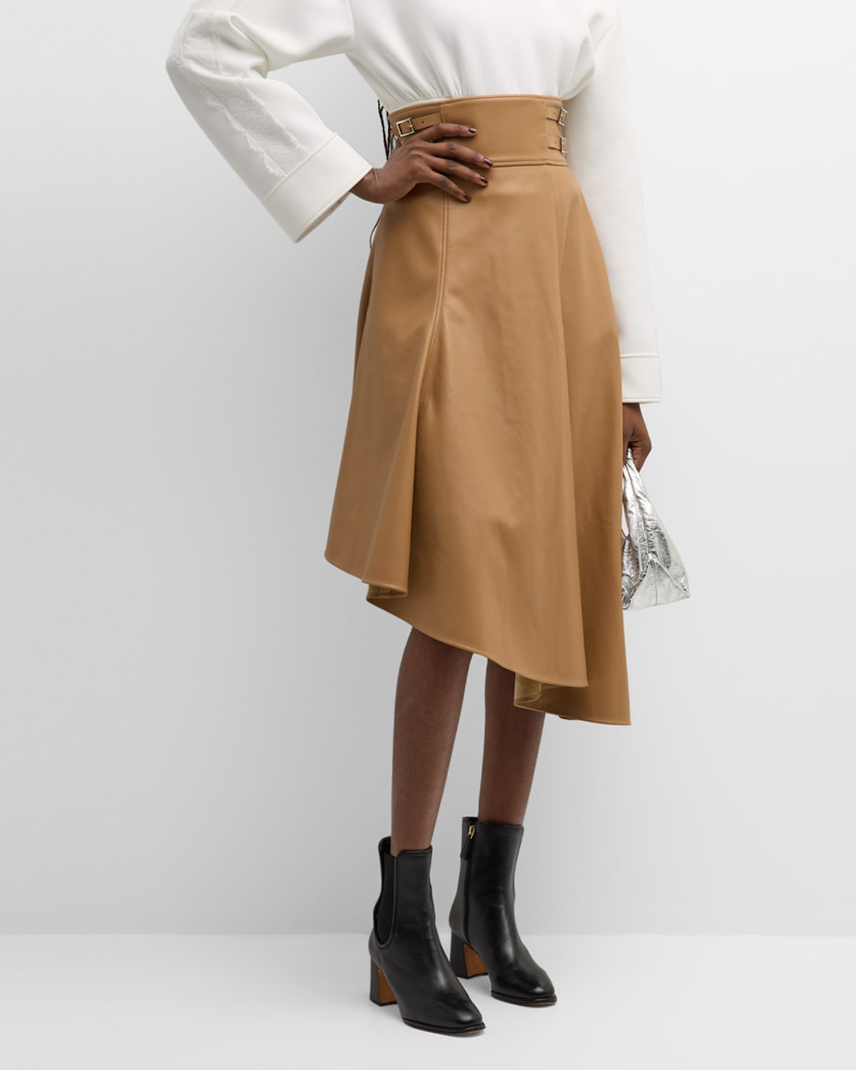 Adeam Harness Vegan Leather Asymmetric Midi Skirt In Camel