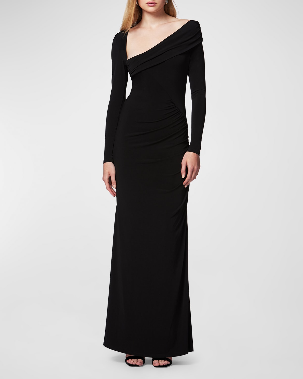 Asymmetric Long-Sleeve Ruched Jersey Gown