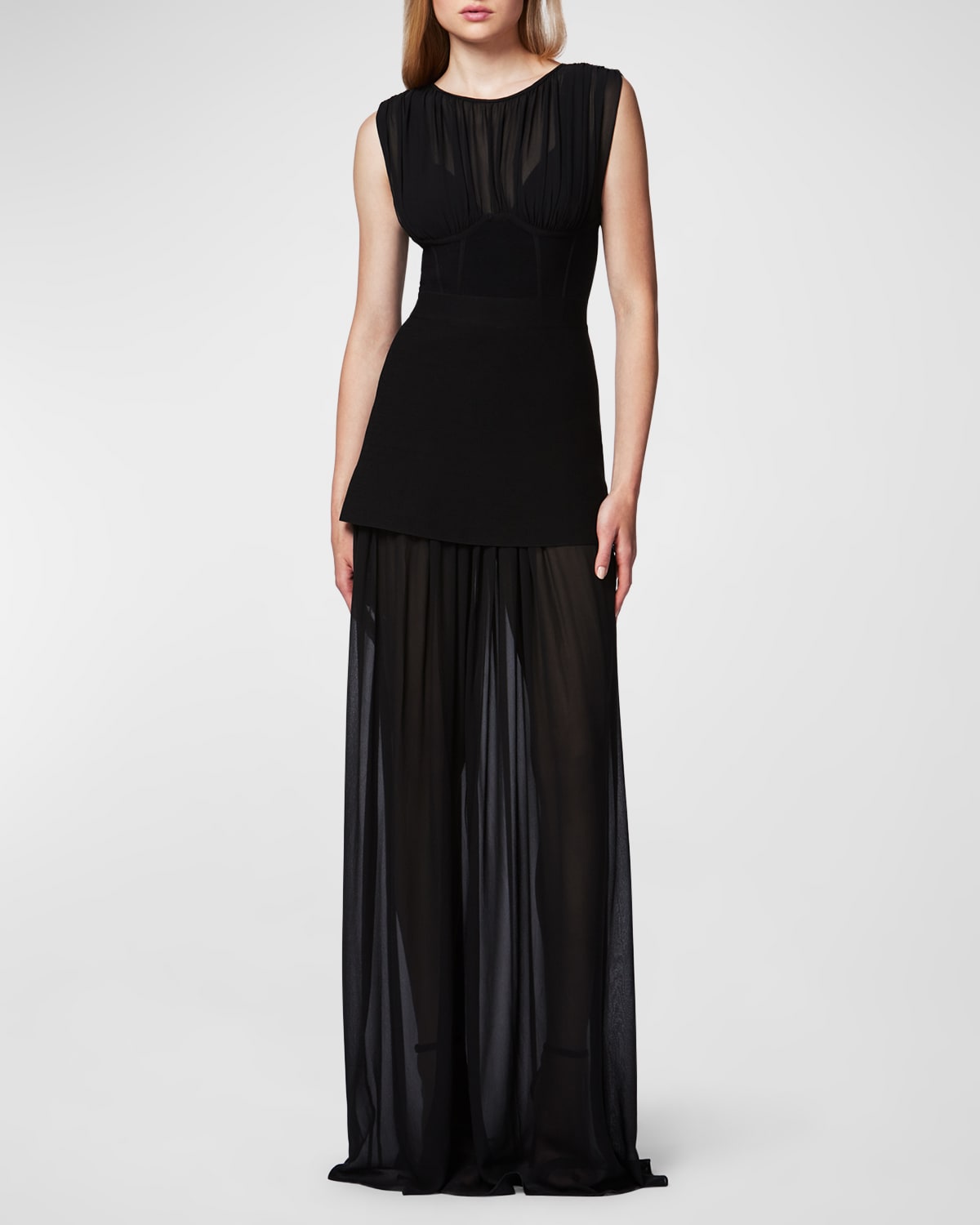 HERVE LEGER RUCHED CHIFFON SLEEVELESS MILANO CORSET GOWN