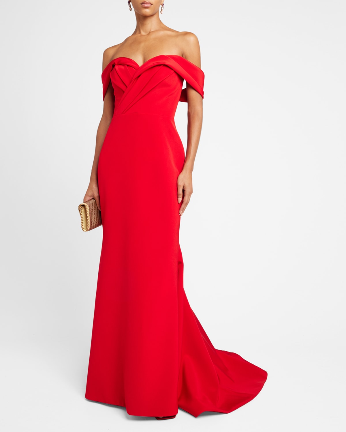 Romona Keveza Draped Sweetheart Off-the-shoulder Trumpet Gown In Red
