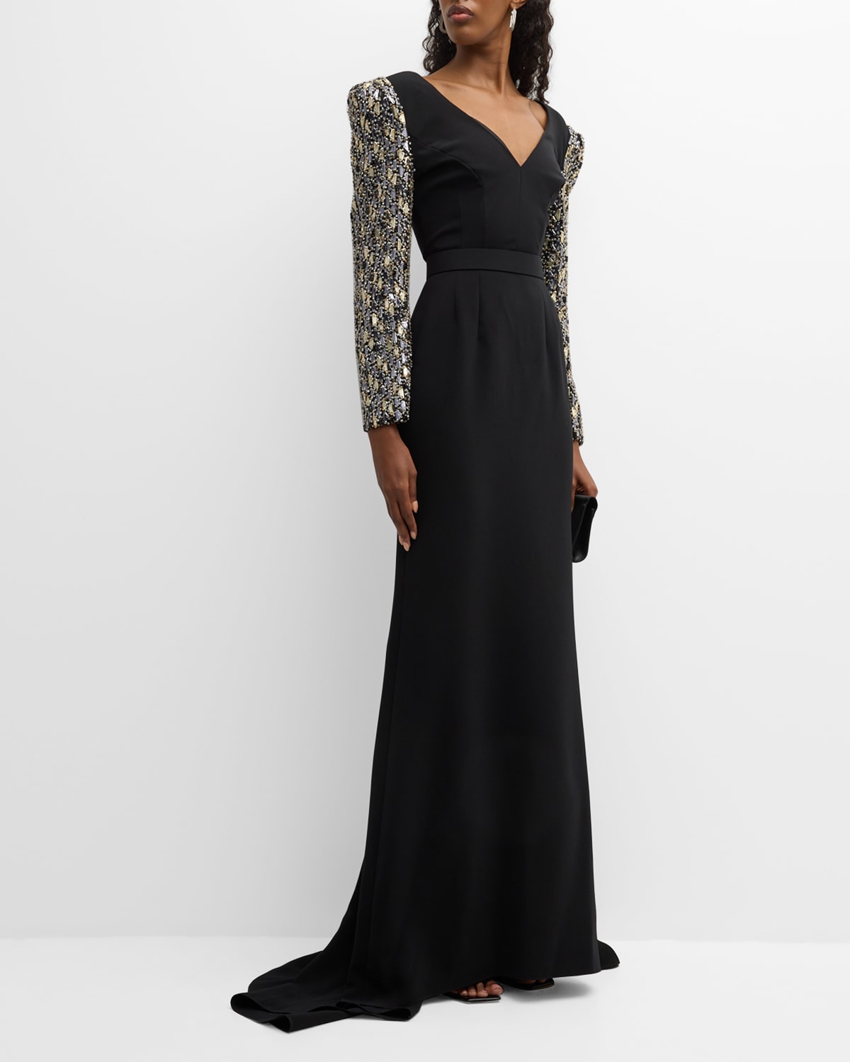 Shop Jenny Packham Tabitha Embellished-sleeves Strong-shoulder Gown In Black 000
