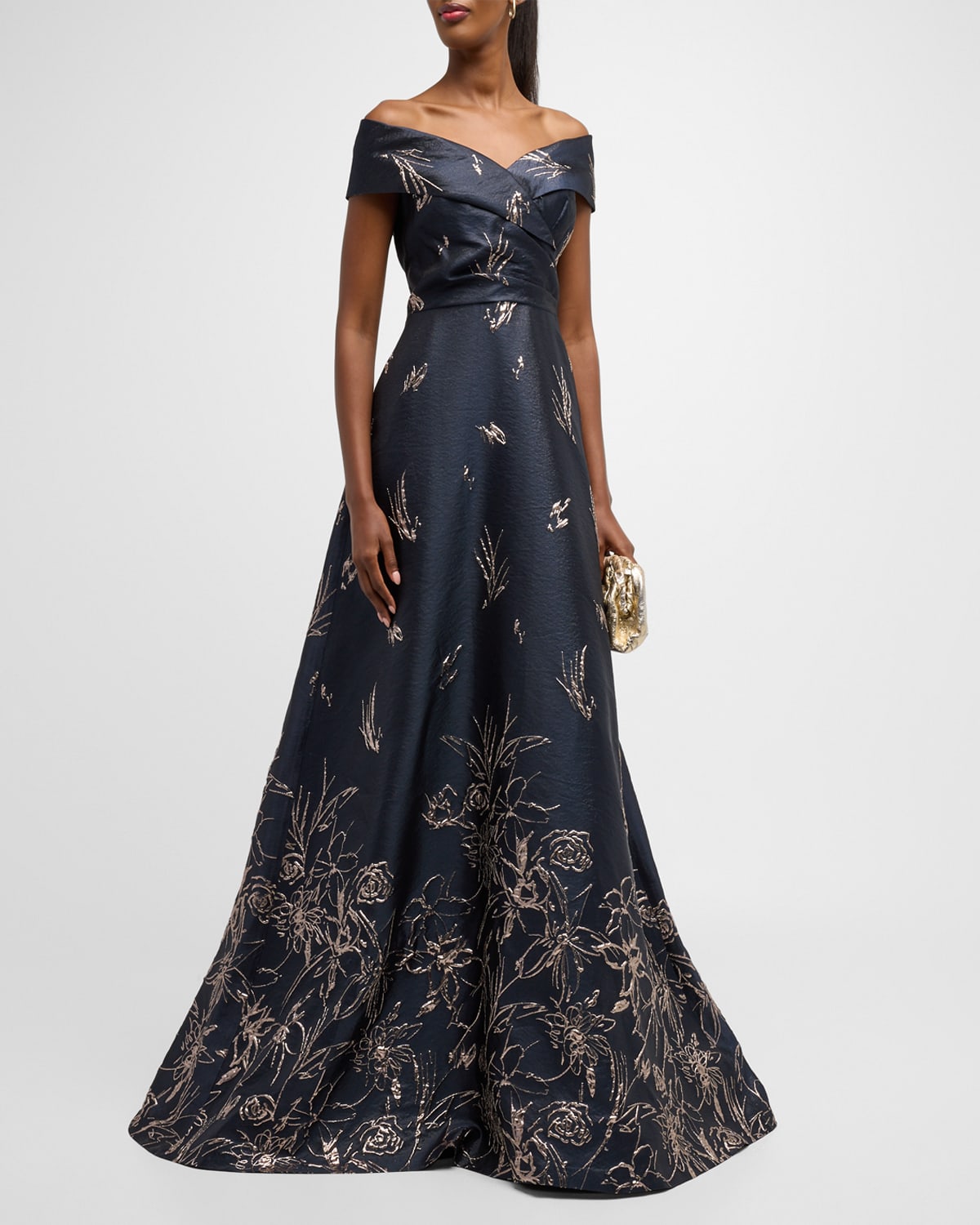 Rickie Freeman For Teri Jon Pleated Off-shoulder Floral Jacquard Gown In Navygold