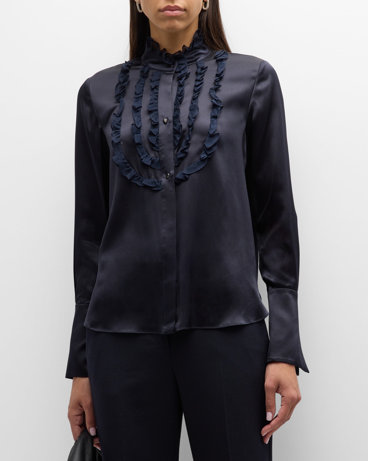 Shop Twp Marie Ruffled Silk Button-front Top In Midnight