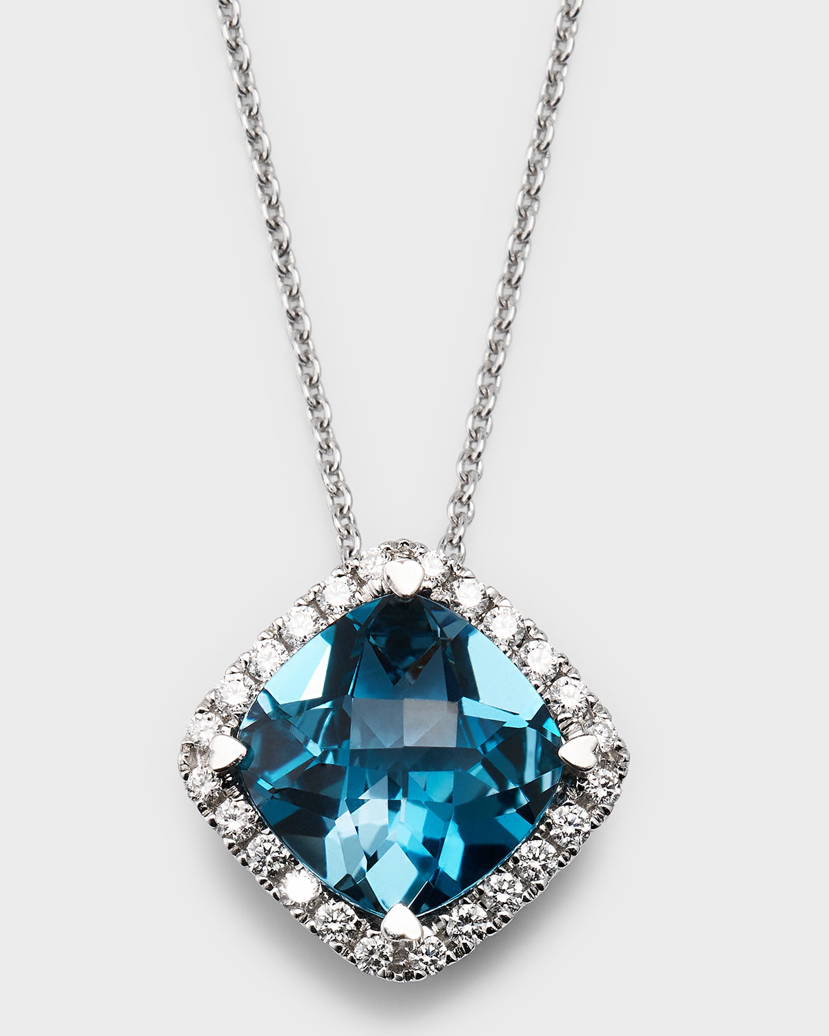 Rocks 18K White Gold Petite Cushion Cut London Blue Topaz and Diamond Halo Pendant Necklace