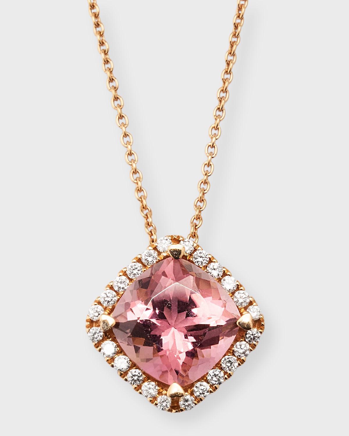 Rocks 18K Rose Gold Petite Cushion Cut Pink Tourmaline and Diamond Halo Pendant Necklace