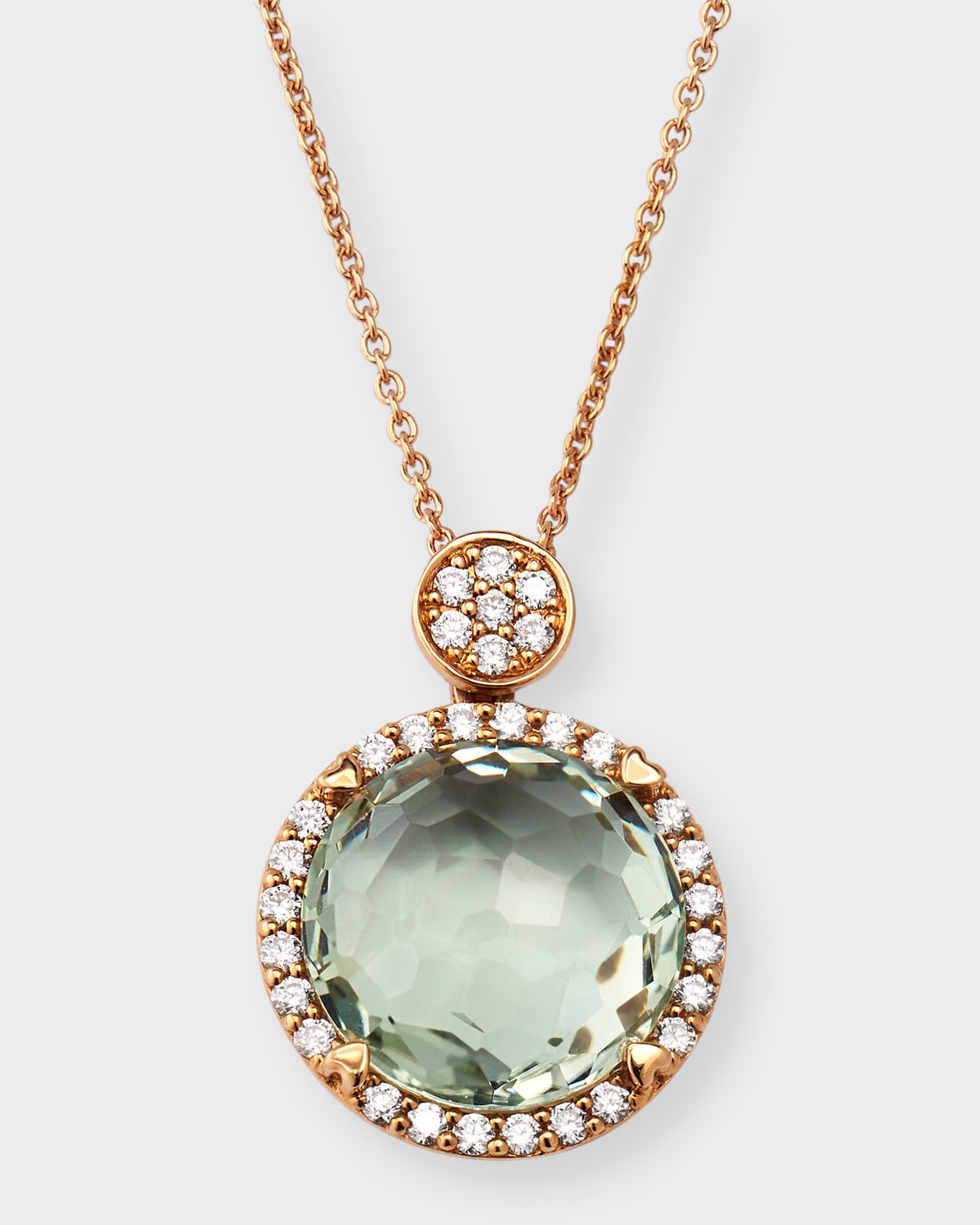 Rocks 18K Rose Gold Petite Green Prasiolite Diamond Halo and Disc Bail Pendant Necklace