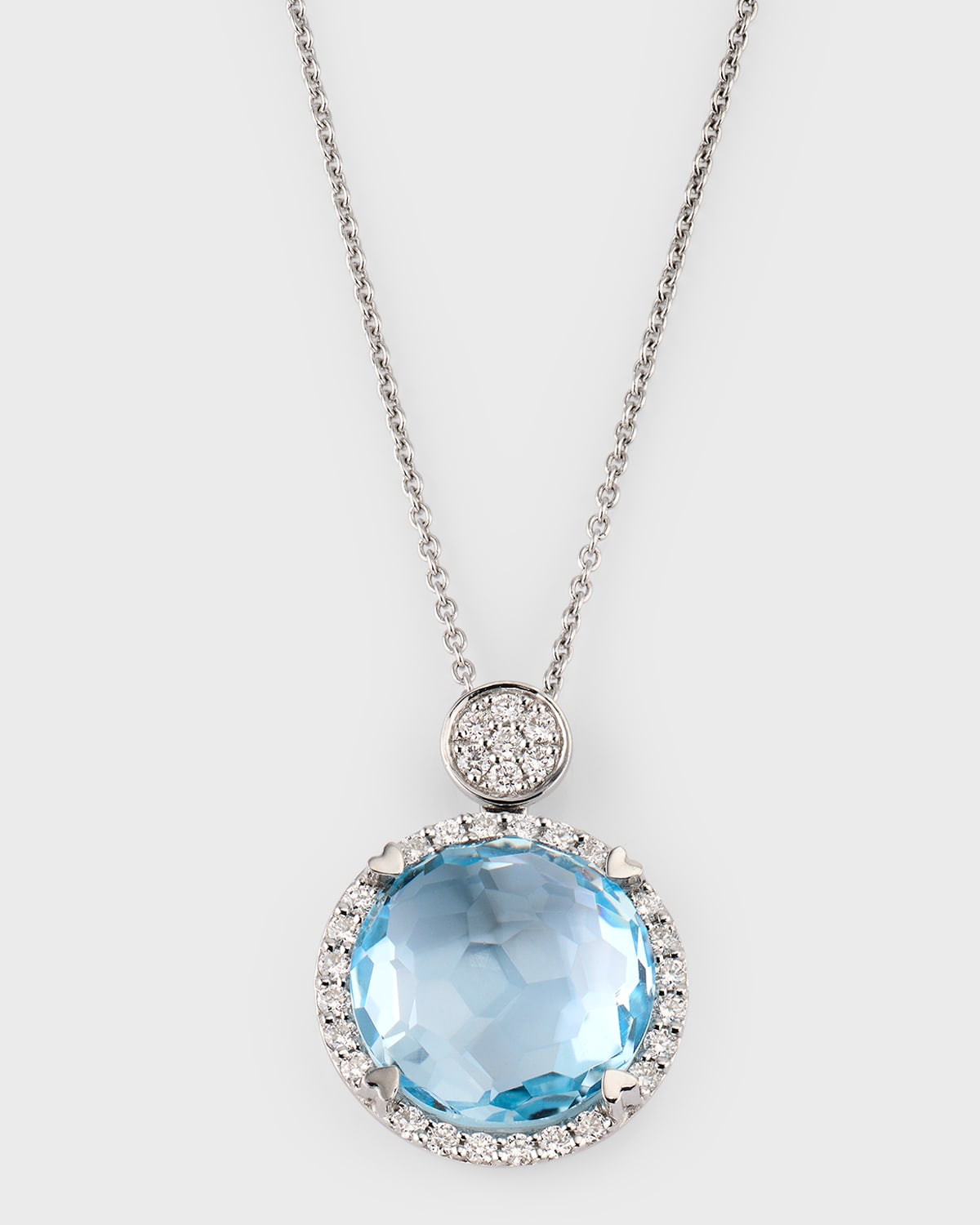Rocks 18K White Gold Petite Blue Topaz Diamond Halo and Disc Bail Pendant Necklace