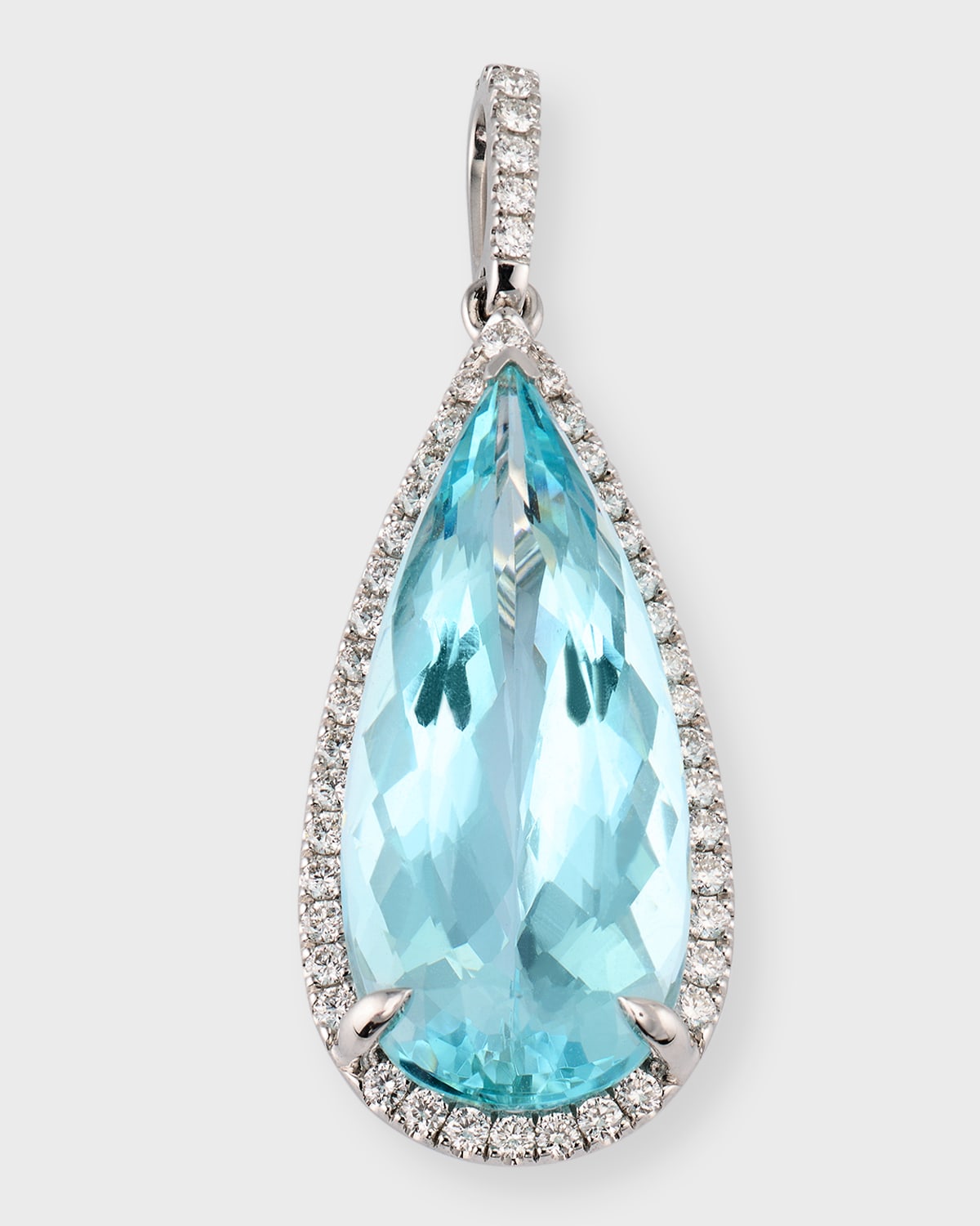 18K White Gold Pear Shape Aquamarine and Diamond Pendant Necklace