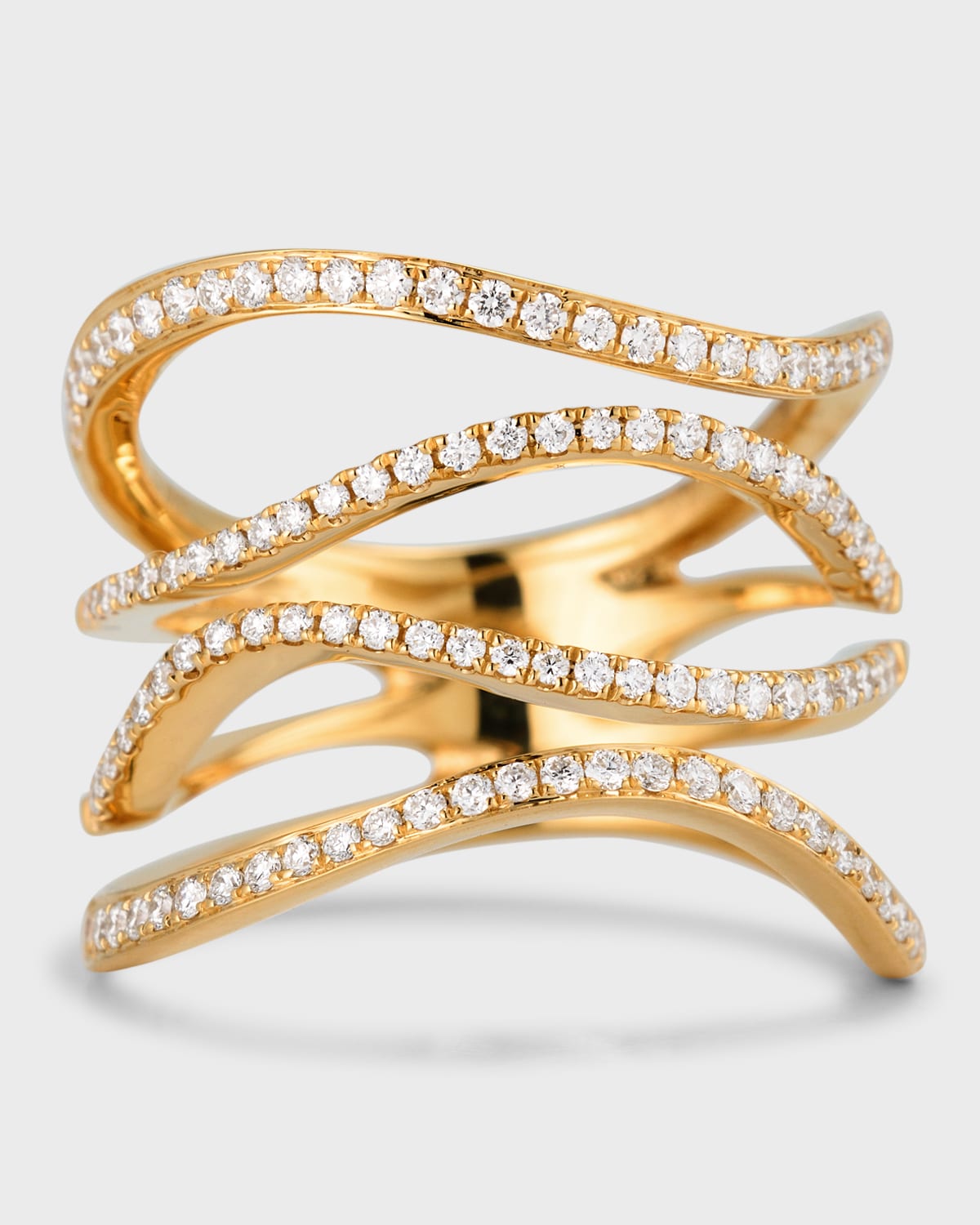 Sparkle 18K Yellow Gold Four Row Wavy Diamond Ring, Size 6