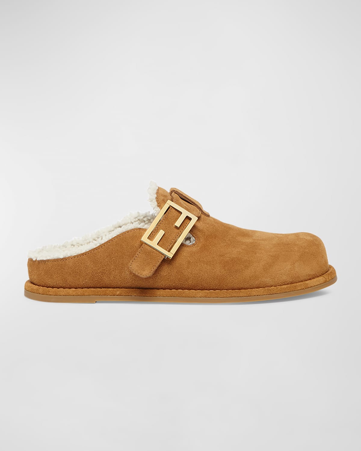 Shop Fendi Feel Suede Shearling Buckle Mules In Caramello Latte