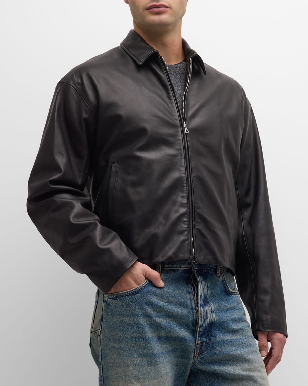 Men's Cropped Leather Blouson Jacket