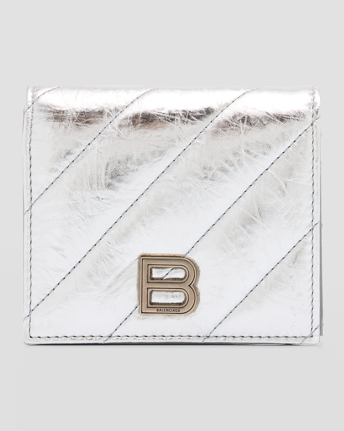 Balenciaga Crush Flap Coin And Card Holder Metallized Quilted In 8110 Silver