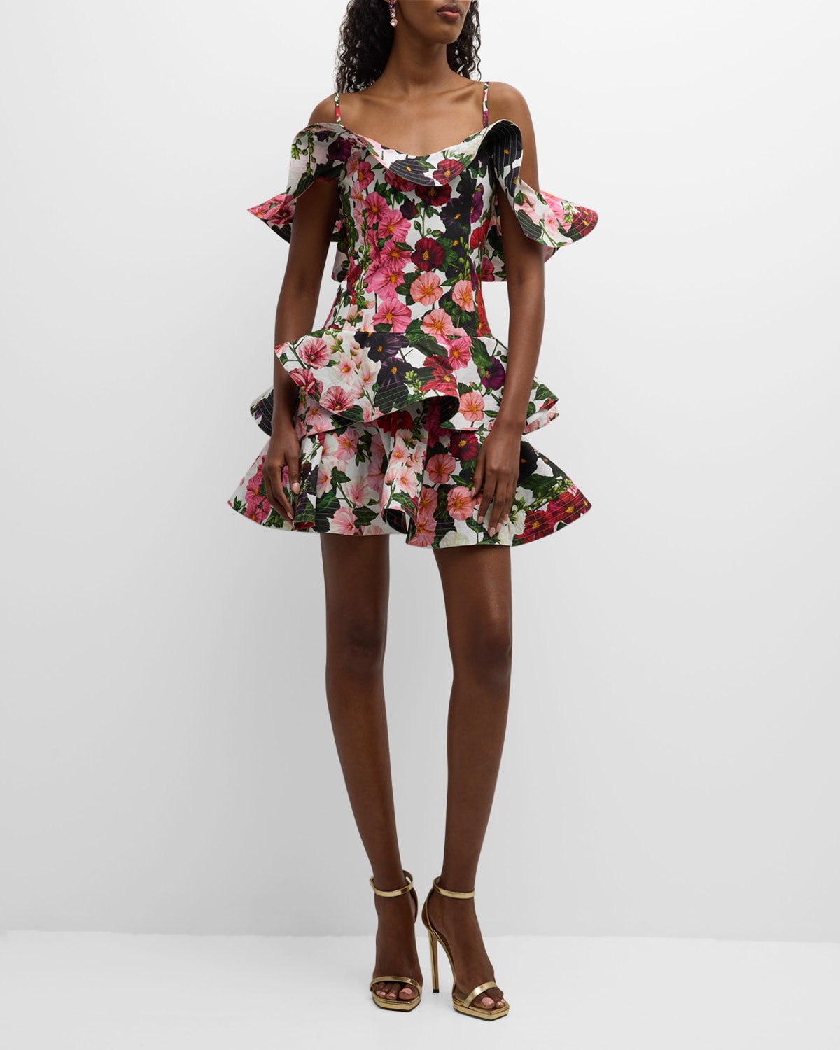 Shop Oscar De La Renta Hollyhocks Floral-print Off-the-shoulder Ruffle Mini Dress In Pink/white
