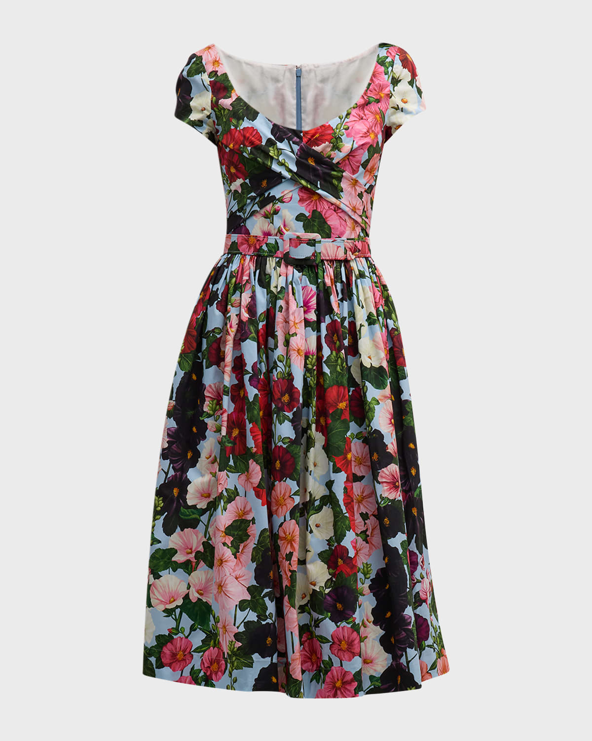 Oscar De La Renta Scoop Neck Hollyhocks Cotton Poplin Dress In Pink Pale Blue