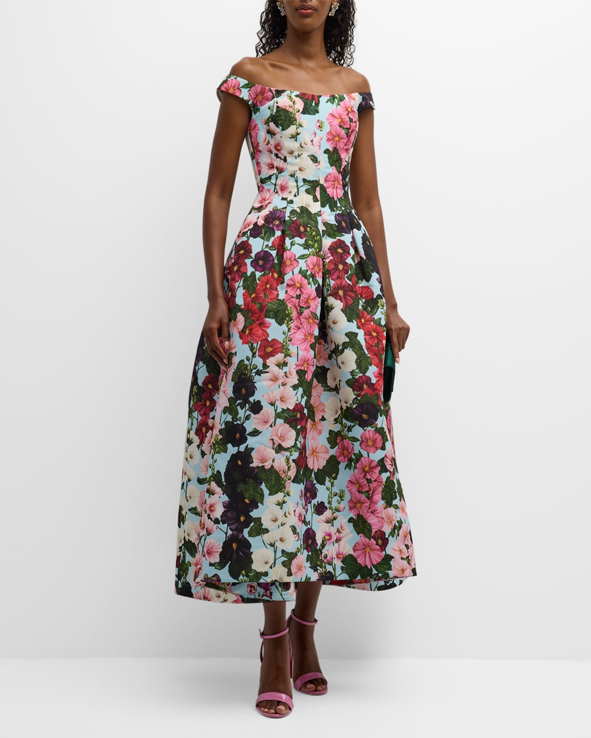 Shop Oscar De La Renta Hollyhocks Floral-print Off-the-shoulder Faille Tea-length Dress In Pink/pale Blue