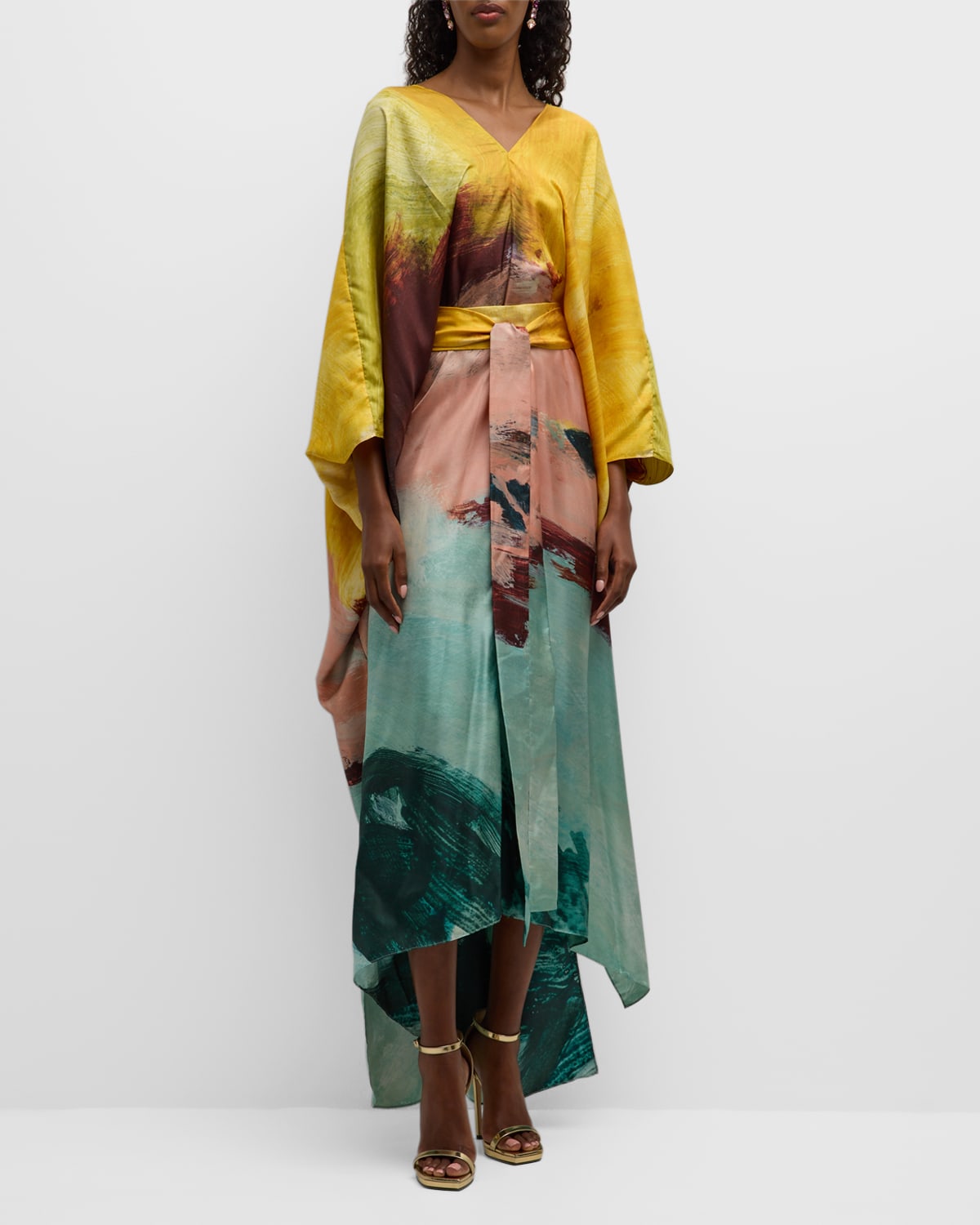 Shop Oscar De La Renta Abstract-print V-neck Bracelet-sleeve Silk Twill Caftan Dress In Teal Multi