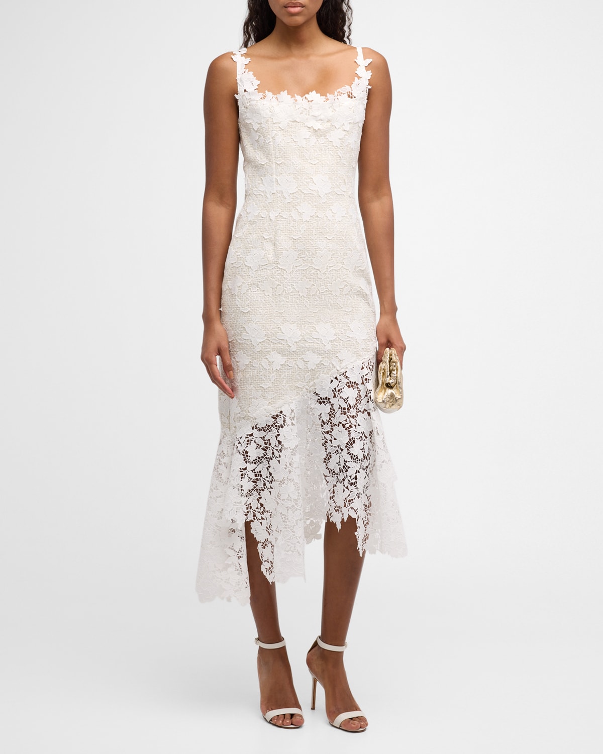Shop Oscar De La Renta Sleeveless Tweed And Guipure Midi Dress In Ivory/white