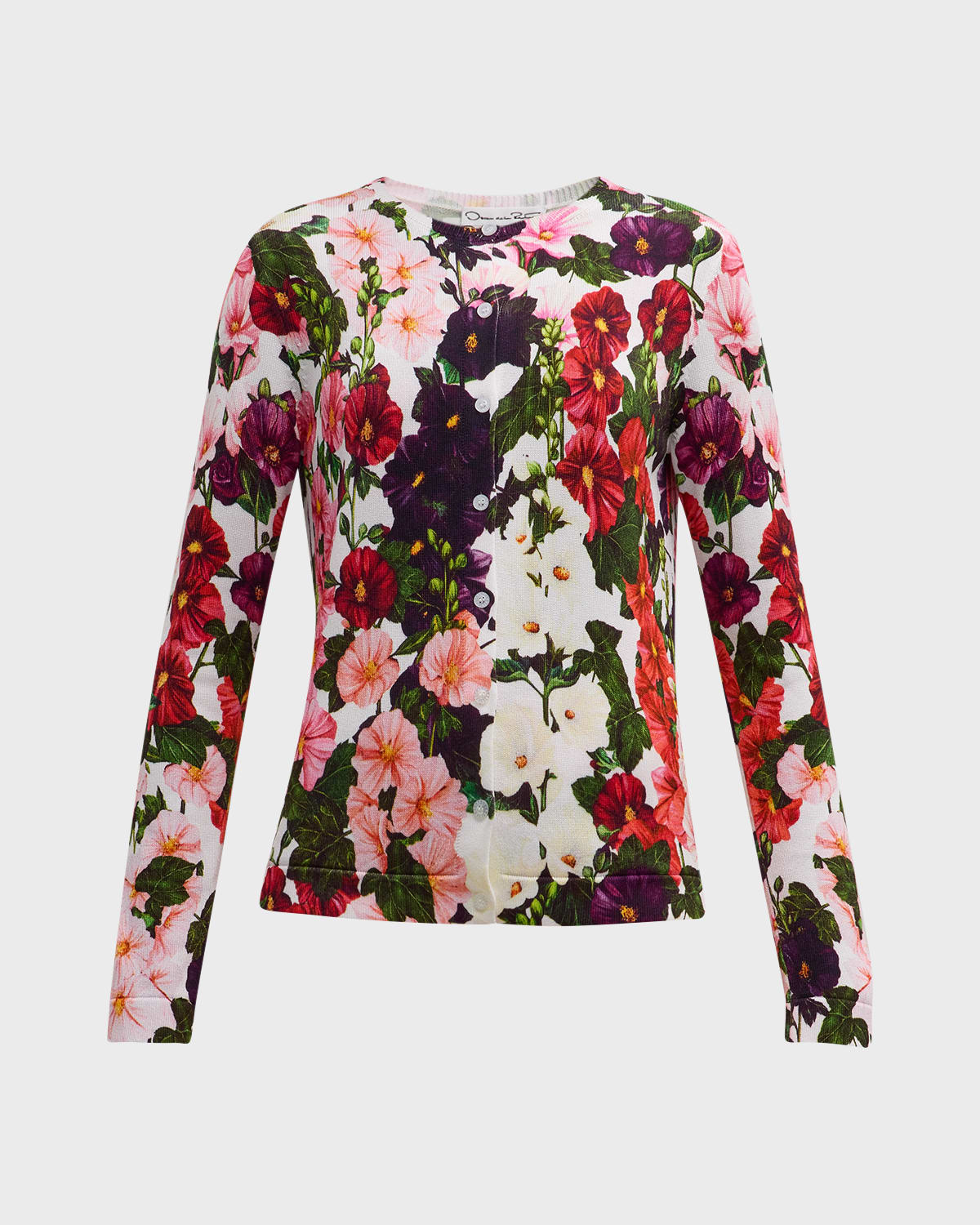 Oscar De La Renta Hollyhocks Print Crewneck Cardigan In Pink/white