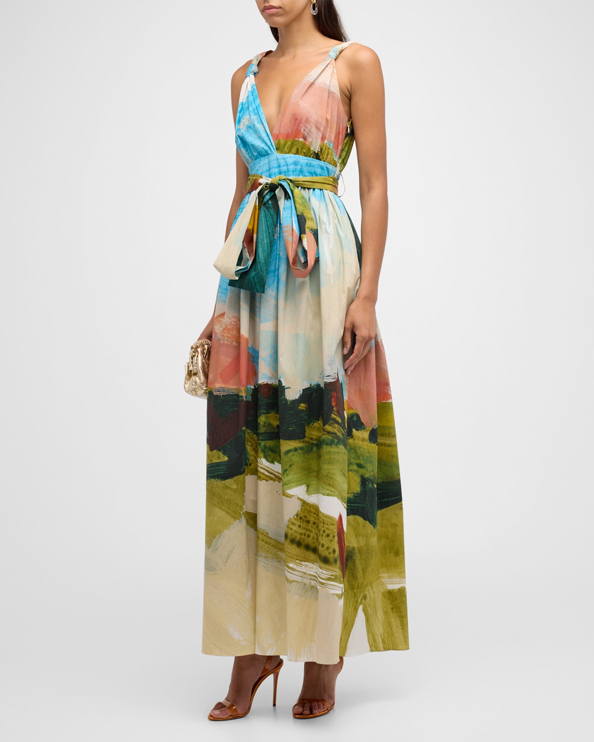 Shop Oscar De La Renta Plunging Landscape-print Waist-tie Sleeveless Maxi Dress In Powder Blue Multi