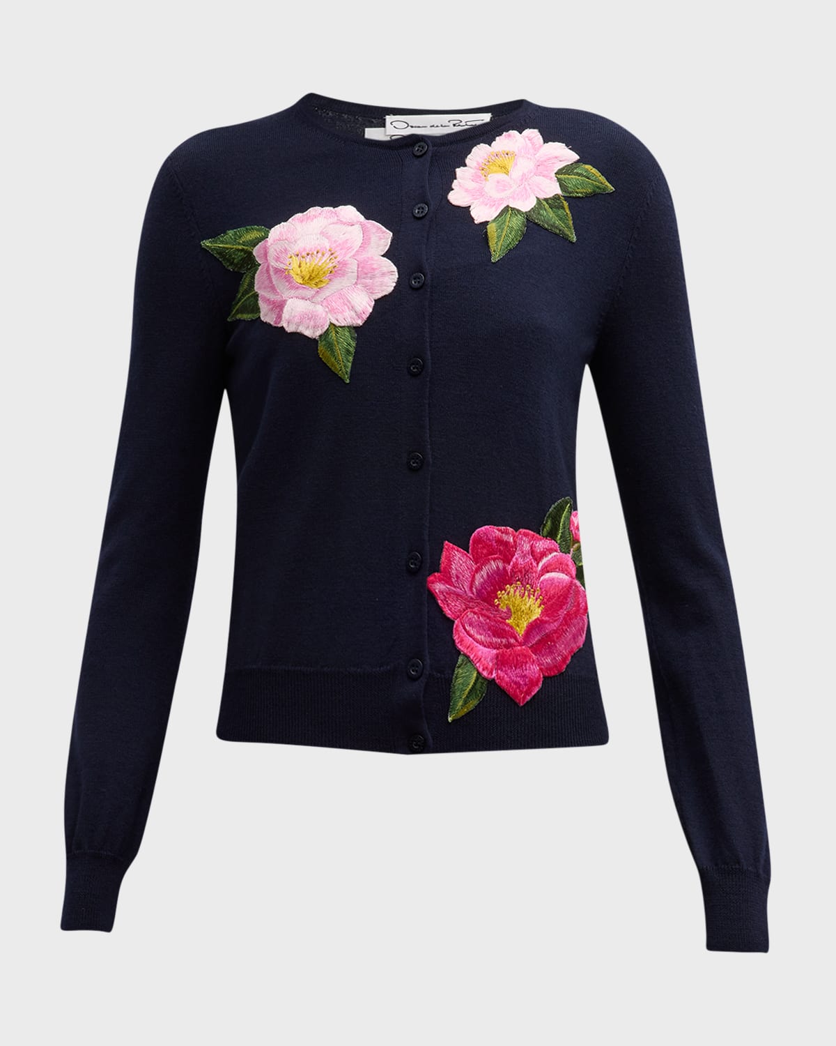 Oscar De La Renta Camellia Threadwork Wool Cardigan In Pink/navy